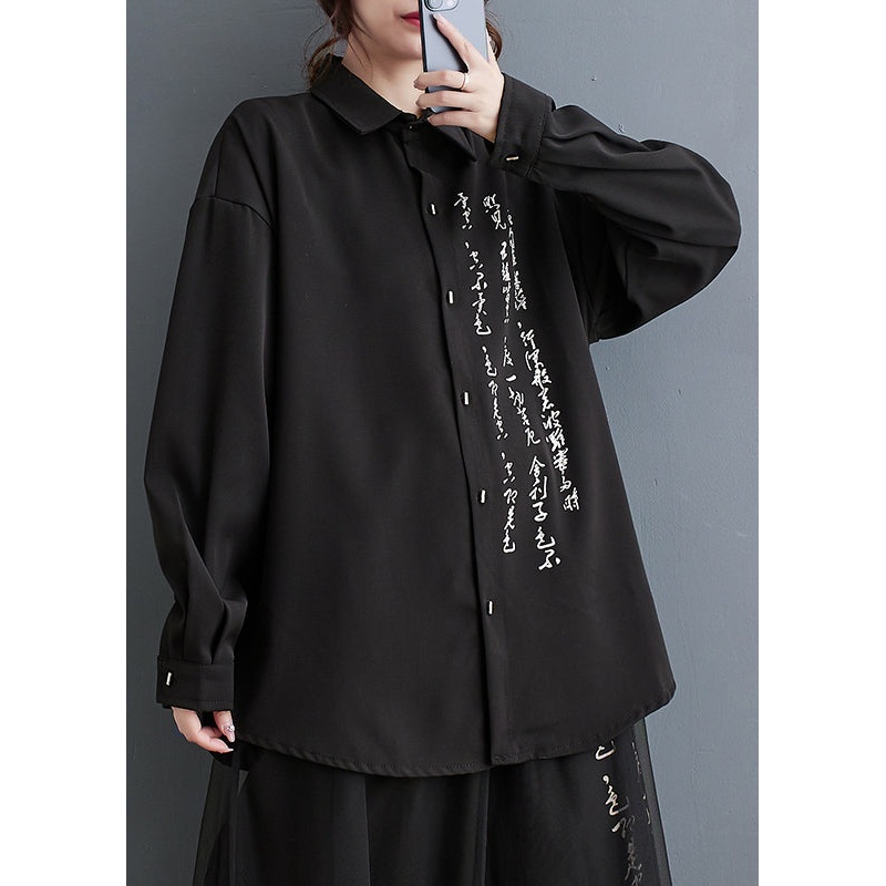 Boutique Black Oversized Print Cotton Tops Spring