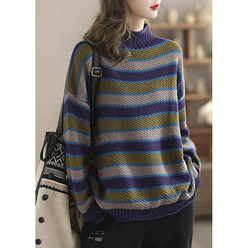 Boutique Blue Half Hign Neck Striped Cotton Knit Sweater Spring