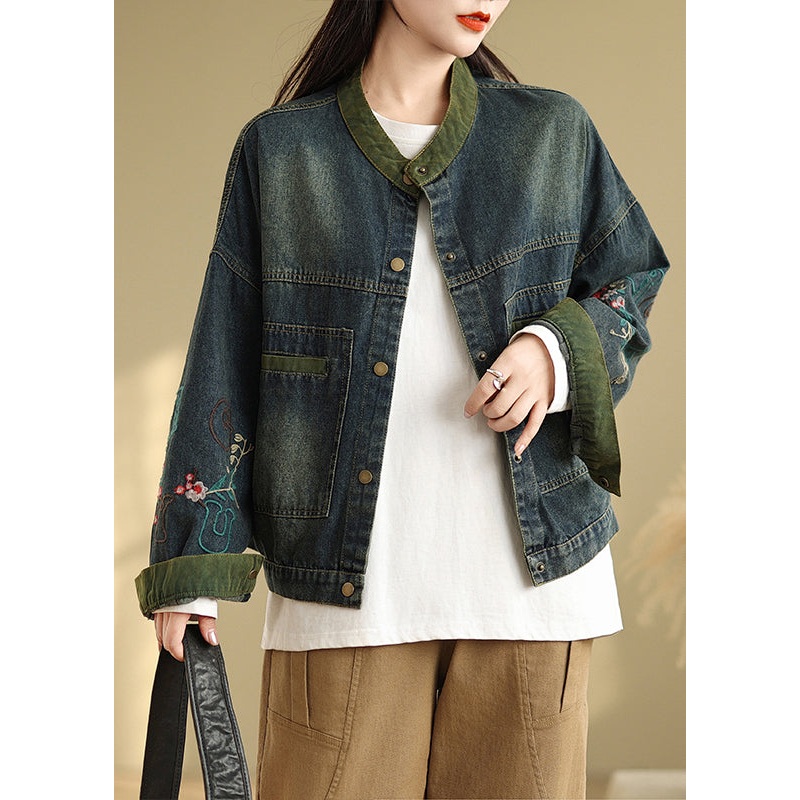 Boutique Navy Embroidered Patchwork Denim Coat Spring