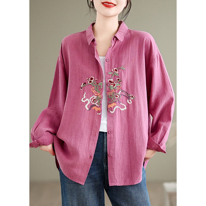 Boutique Pink Peter Pan Collar Embroidered Cotton Shirts Top Spring