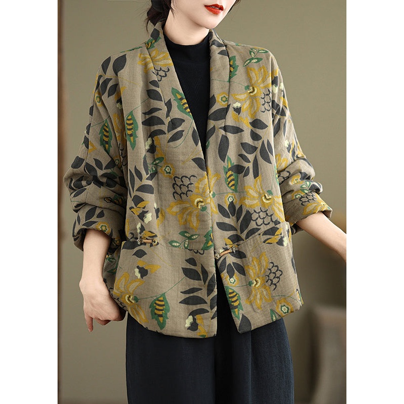Boutique V Neck Pockets Print Fine Cotton Filled Jackets Spring