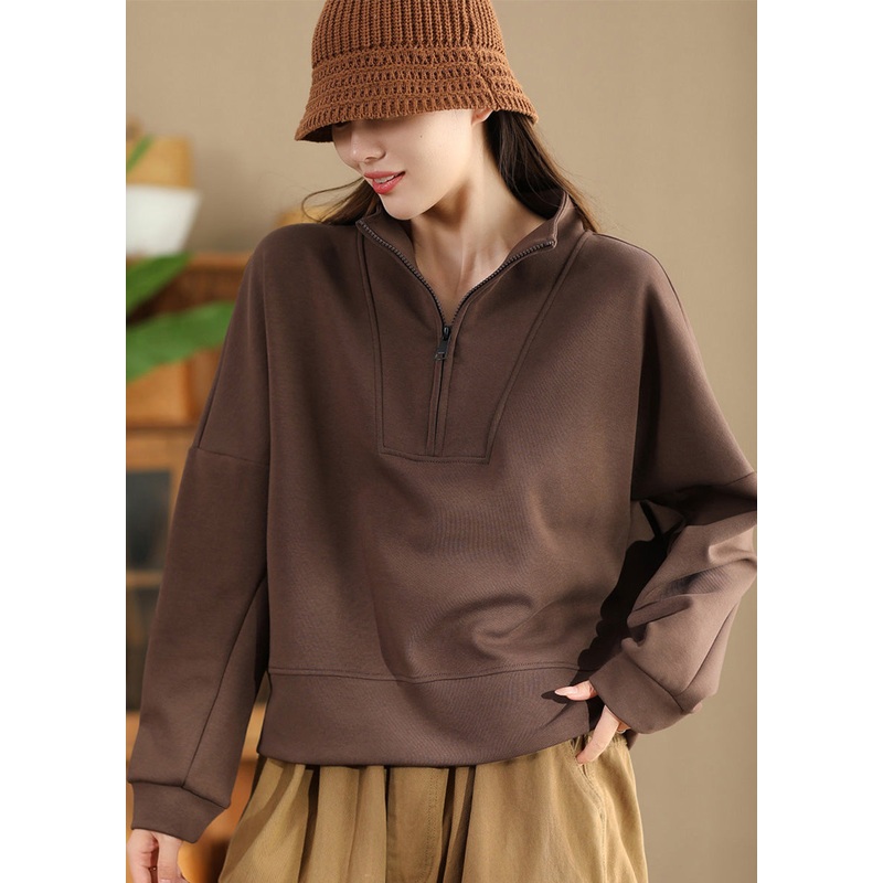 Brown Oversized Cotton Pullover Sweatshirt Zip Up Spring