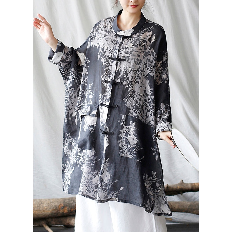 Casual Black Oversized Print Linen Oriental Cardigan Spring