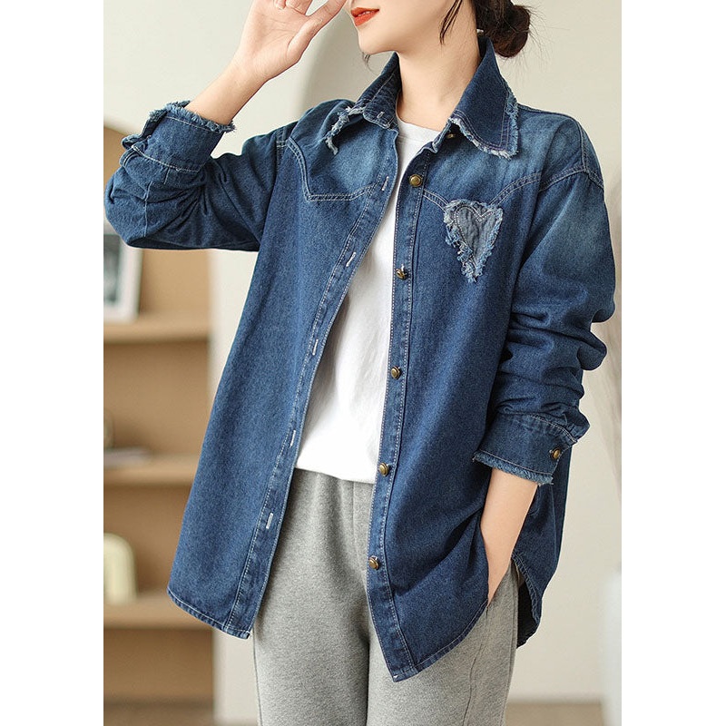 Casual Blue Peter Pan Collar Button Denim Coat Spring