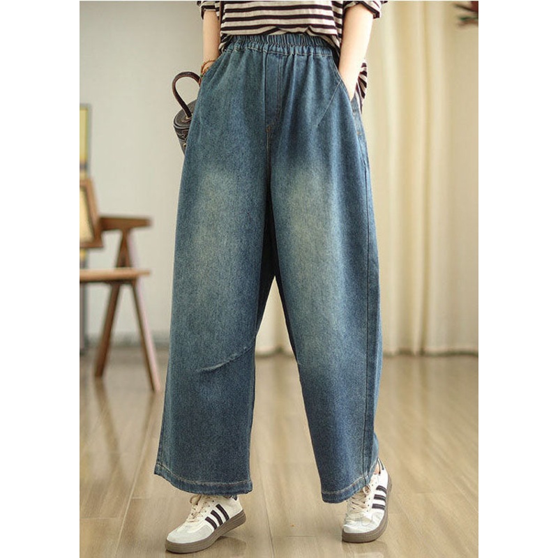 Casual Blue Pockets Elastic Waist Denim Wide Leg Pants Spring