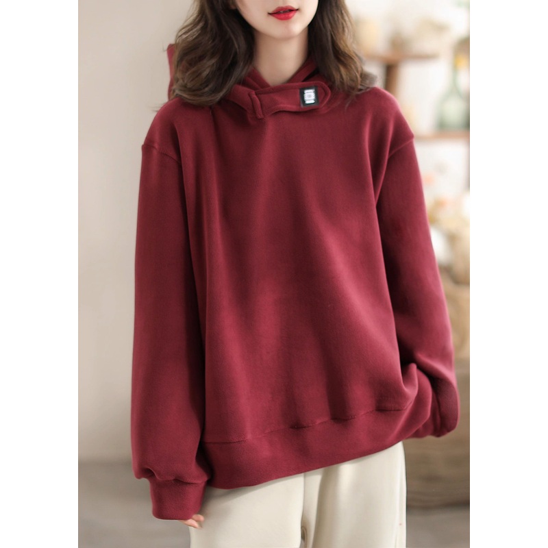 Casual Loose Red Faux Suede Hooded Sweatshirt Spring