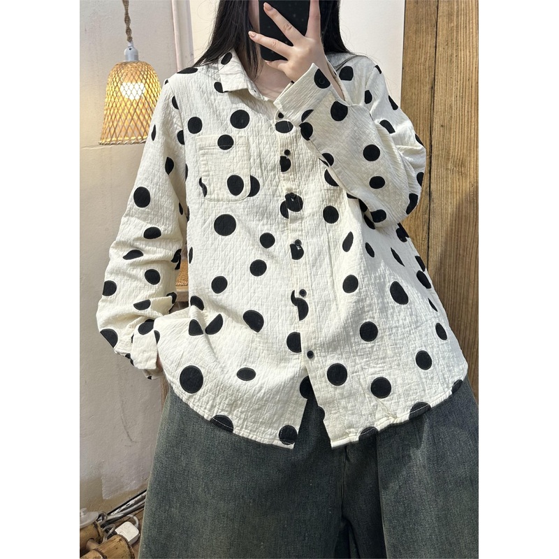 Casual White Peter Pan Collar Cotton Dot Shirt Tops Spring
