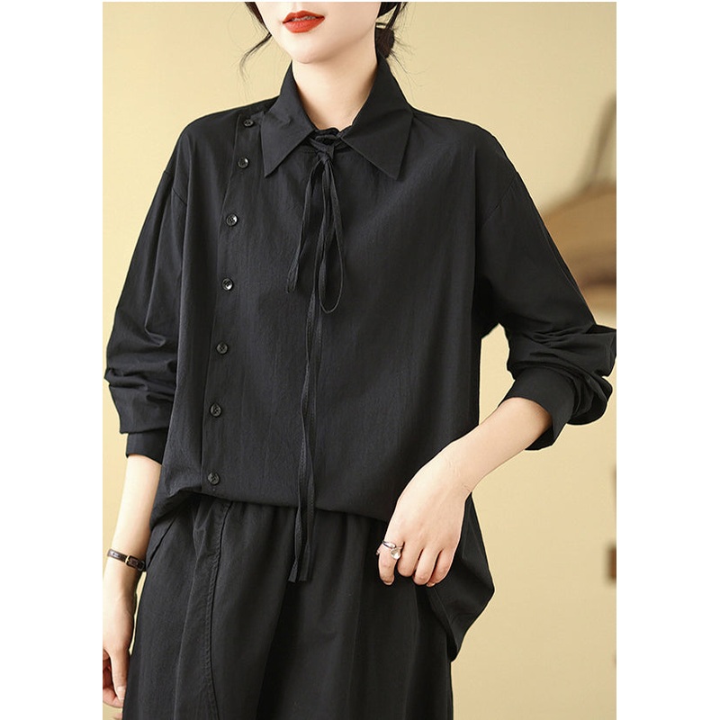 Chic Black Asymmetrical Cotton Shirt Spring