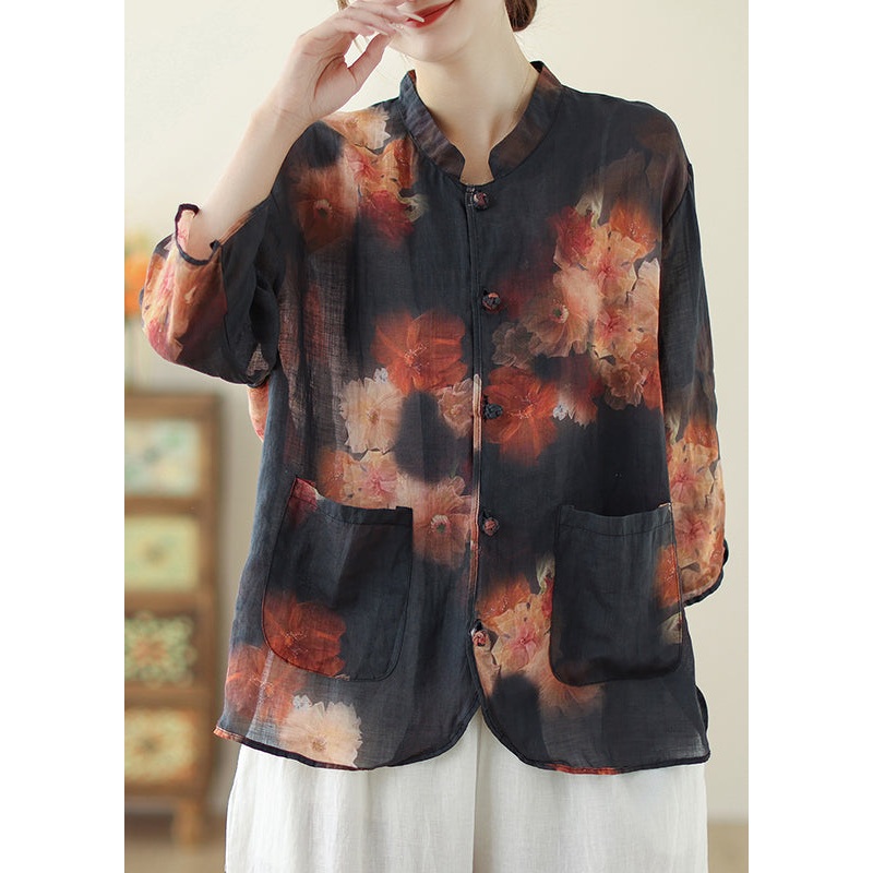 Chic Black Mandarin Collar Print Linen Tops Spring