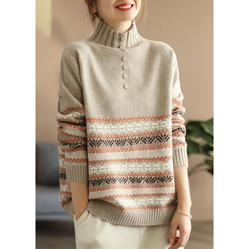 Chic Khaki Hign Neck Print Knit Sweater Spring