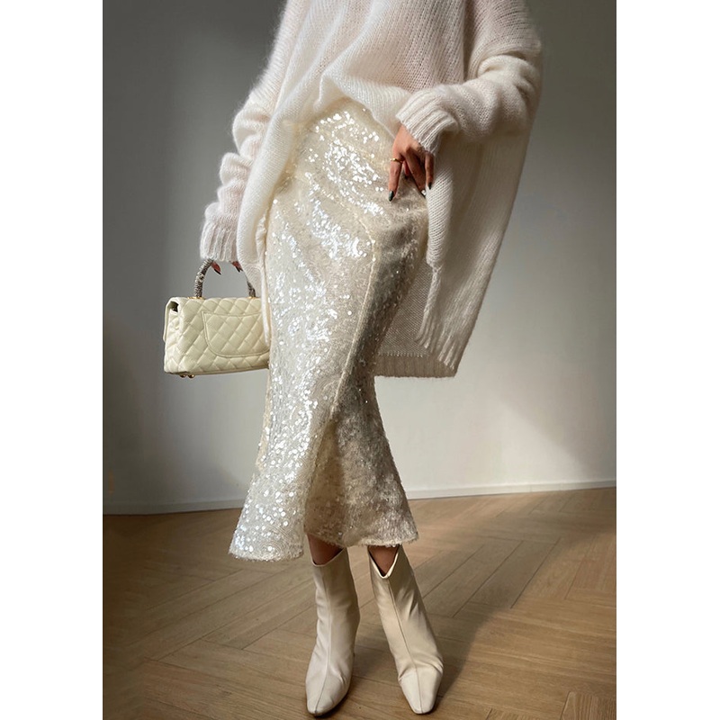 Chic White Sequins High Waist High Waist Fishtail Skirts Spring