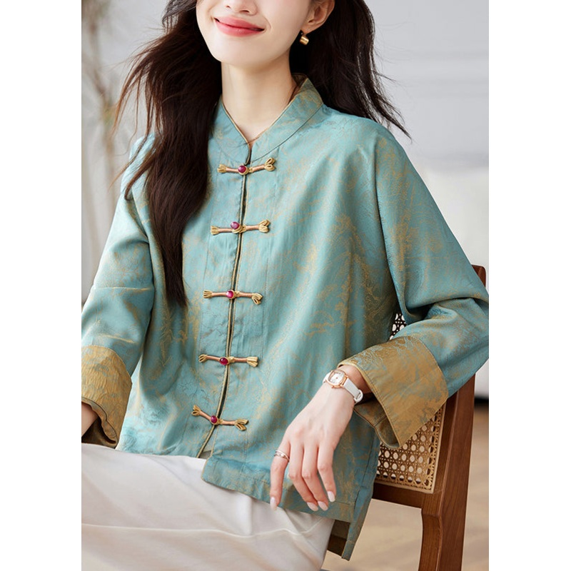 Chinese Style Blue Stand Collar Print Silk Coats Spring