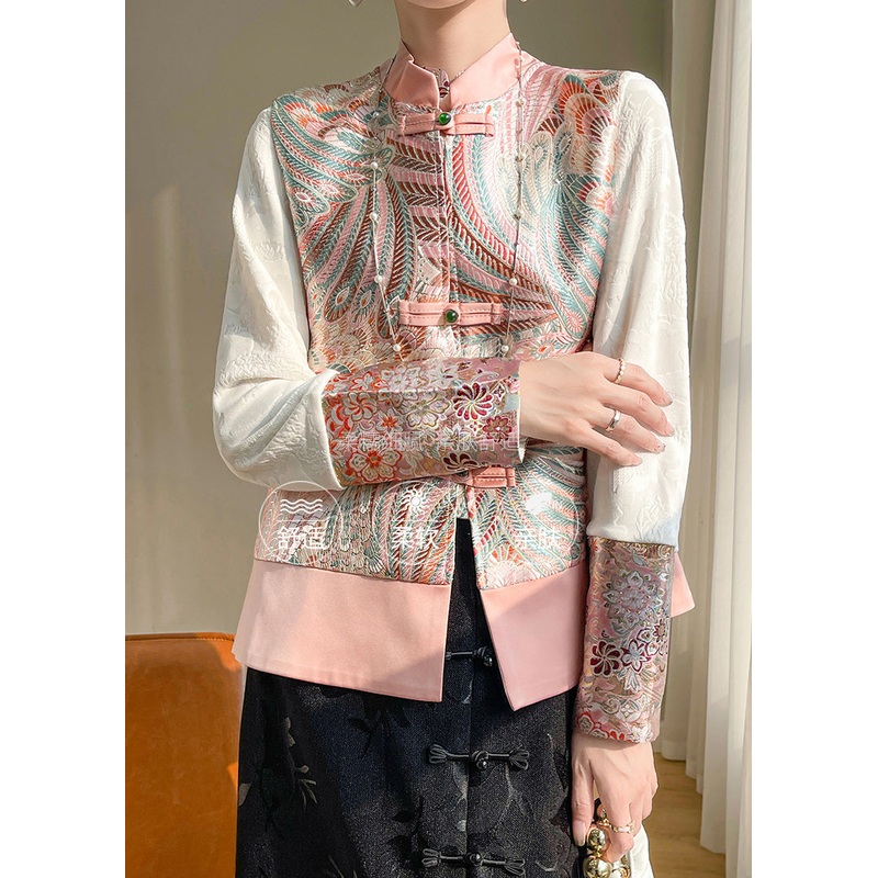 Chinese Style Pink Stand Collar Embroideried Silk Vest Sleeveless