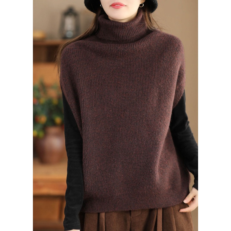 Classy Coffee Hign Neck Woolen Vest Tops Sleeveless
