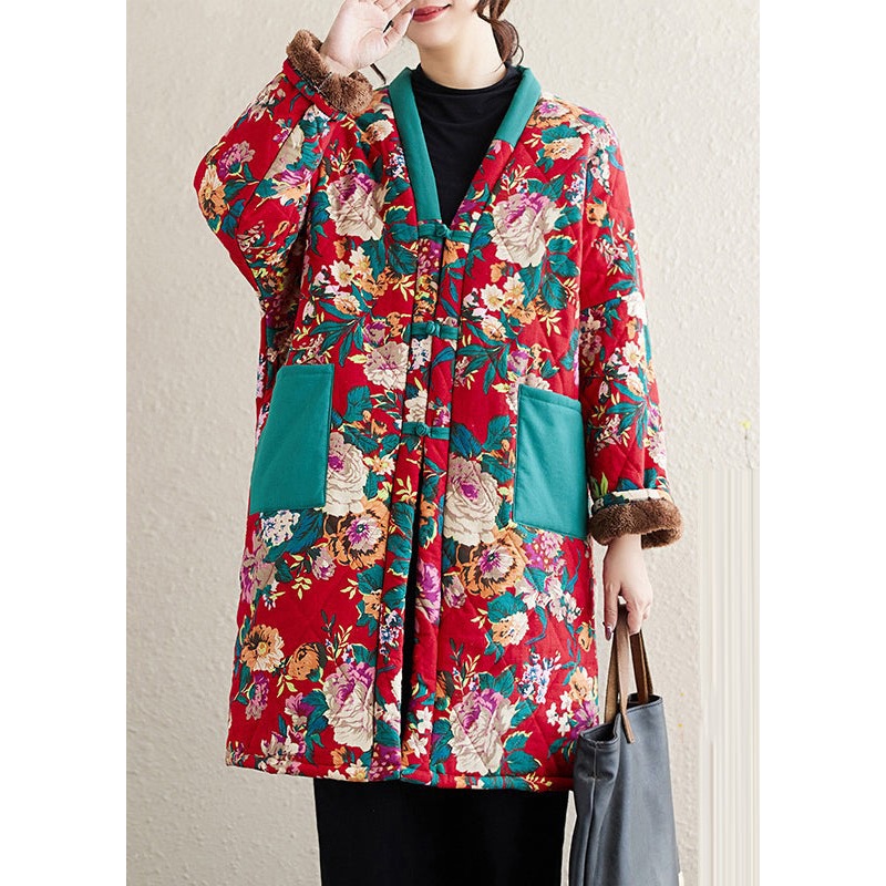Classy Red Print Chinese Button Warm Fleece Jacket Winter