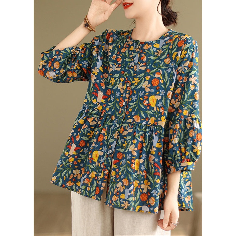DIY Green Print Cotton A Line Shirt Tops Spring