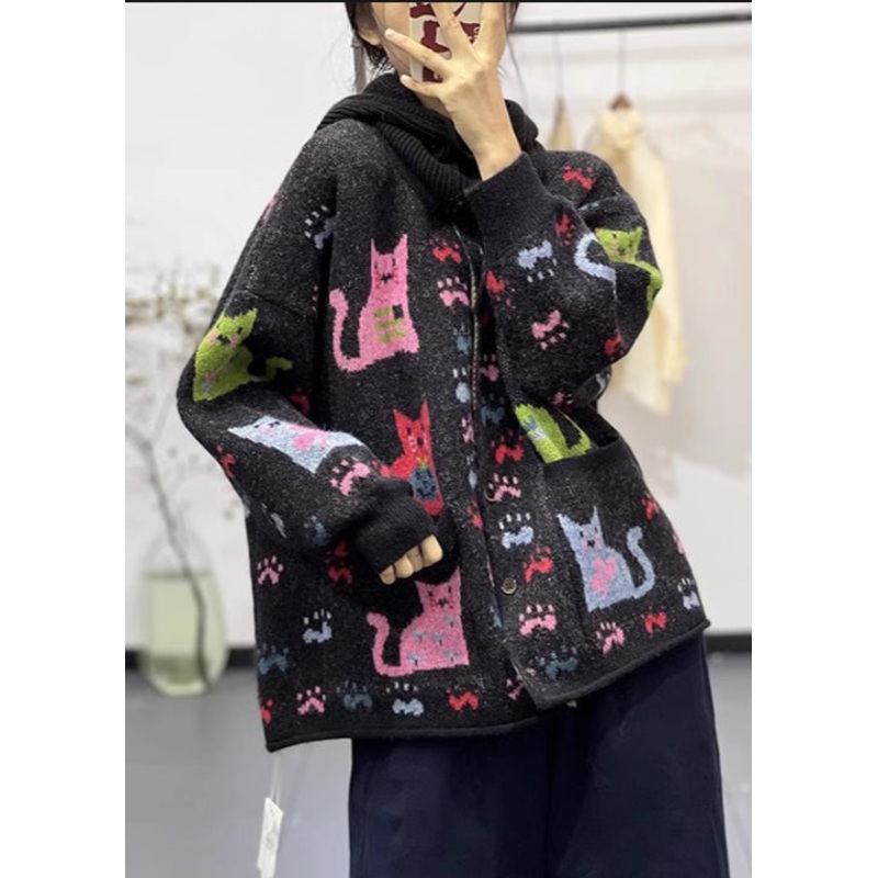 Elegant Black Oversized Print Denim Knit Jackets Spring