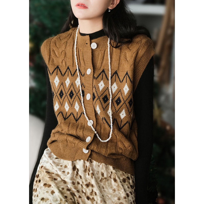 Fashion Coffee O Neck Jacquard Button Woolen Vest Sleeveless