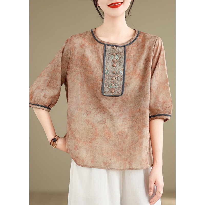 Fine Khaki Embroidered Tie Dye Linen Top Summer
