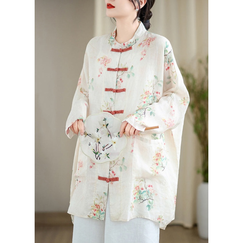 Fine White Oversized Print Linen Oriental Cardigan Spring