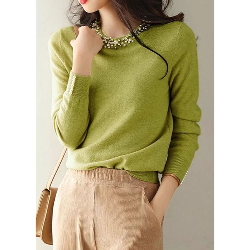 Fitted Green O Neck Nail Bead Cashmere Knit Shirts Spring