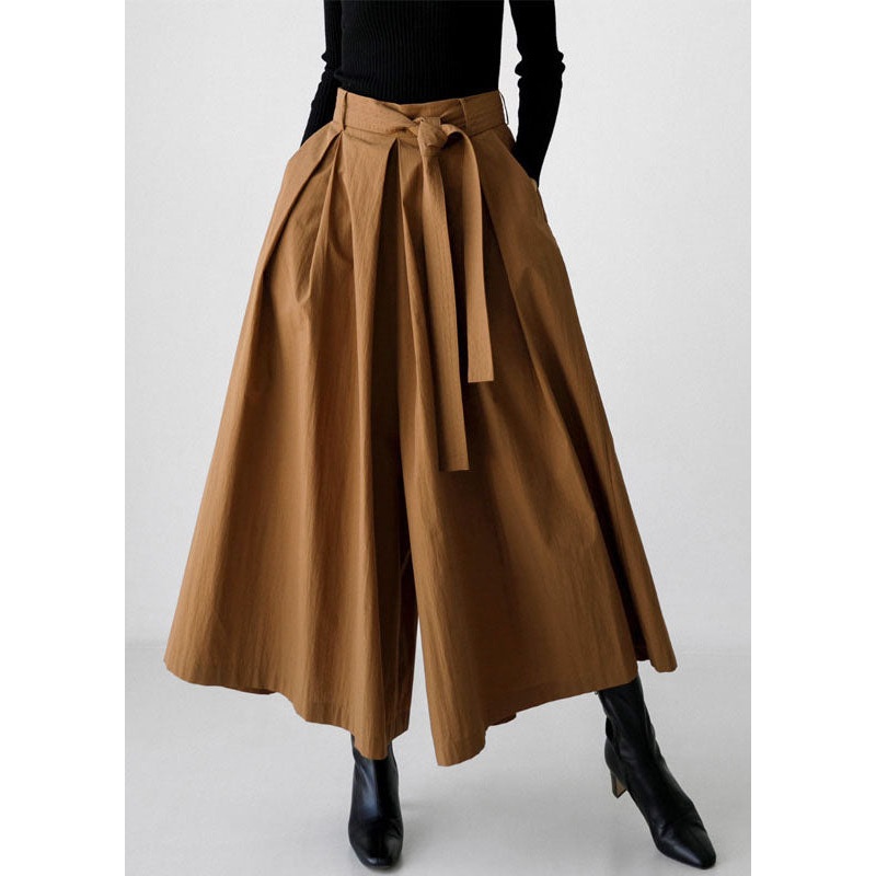 French Brown Pockets High Waist Cotton Wide Leg Pants Spring