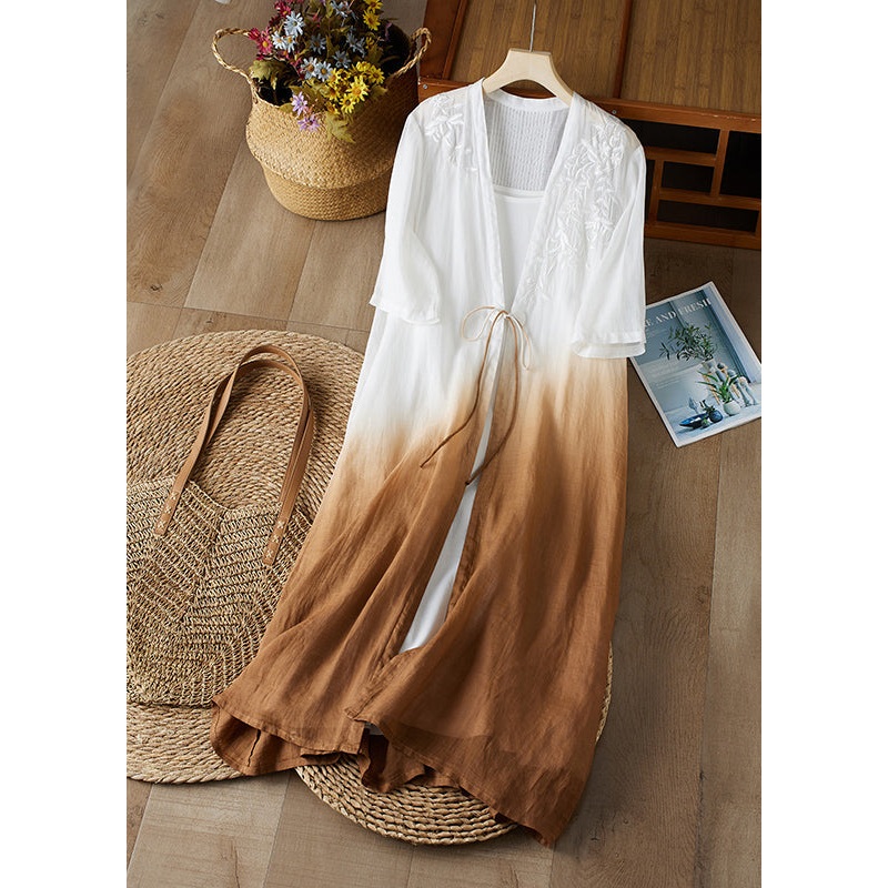 French Gradient Brown Embroidered Cotton Cardigan Summer