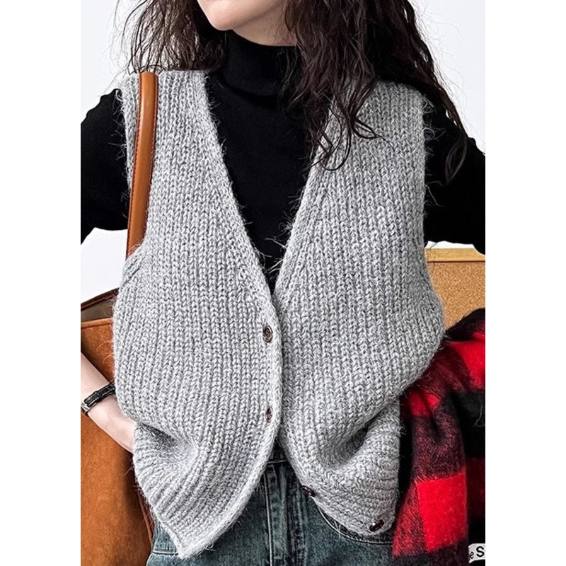 French Grey V Neck Button Woolen Vest Sleeveless