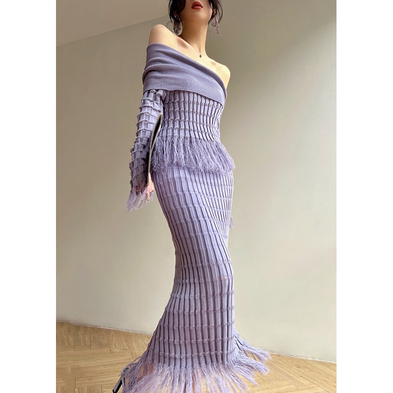 French Purple Slash Neck Tasseled Knit Two Piece Suit Set Spring