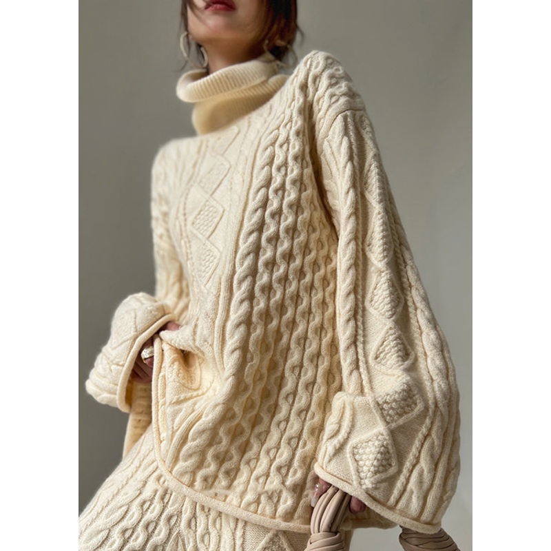 Loose Beige Turtleneck Cotton Cable Knit Sweater Spring