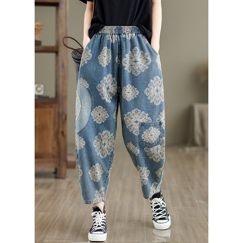 Modern Light Blue Oversized Print Denim Harem Pants Spring
