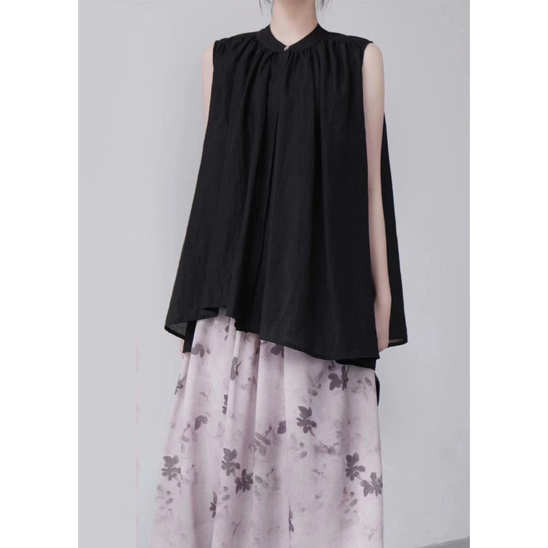 Organic Black Stand Collar Cotton A Line Shirt Sleeveless