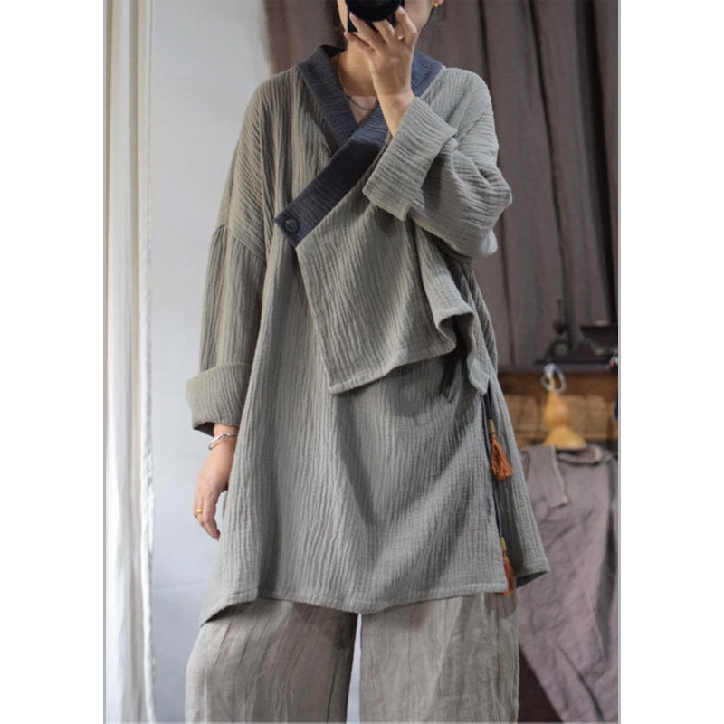 Original Design Grey V Neck Tassel Lace Up Cotton Coat Spring