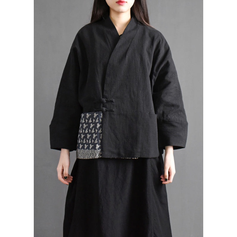 Plus Size Black V Neck Pockets Patchwork Fine Cotton Filled Coat Batwing Sleeve