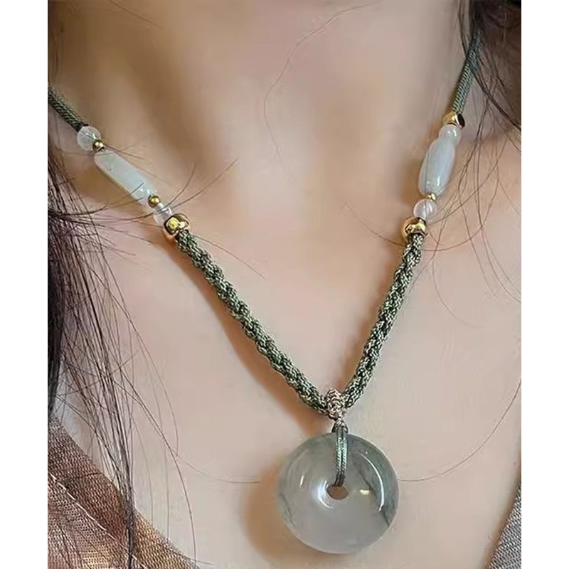 Retro Green Weaving Jade Ping An Buckle Pendant Necklace