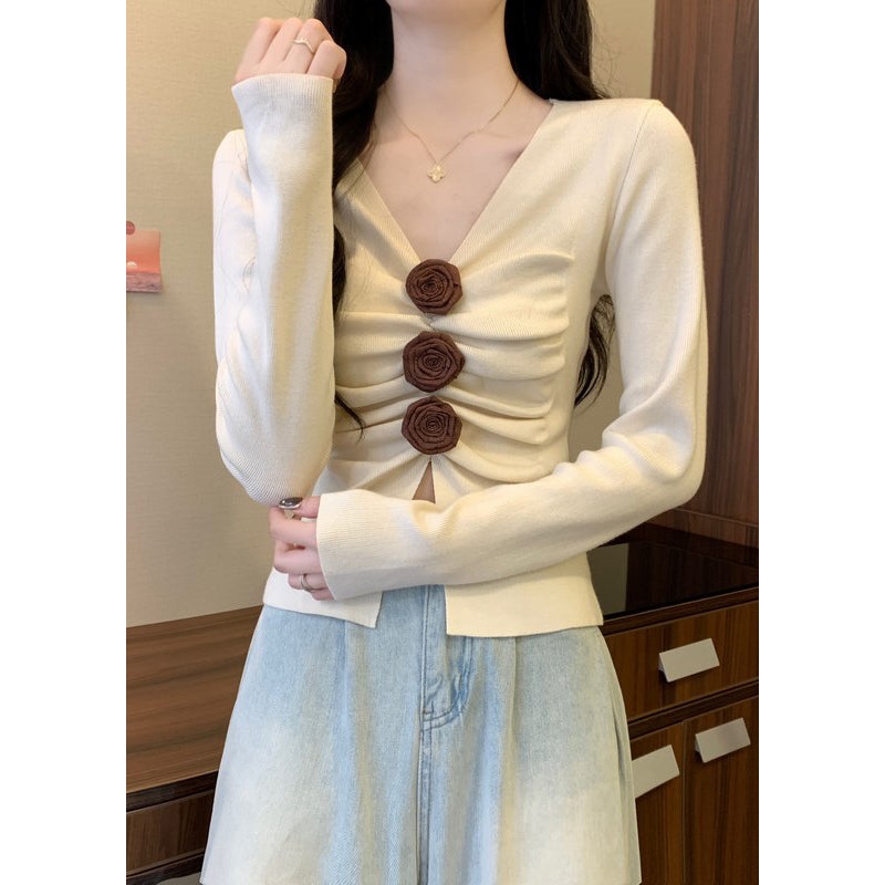 Silm Fit White V Neck Floral Knit Sweater Spring