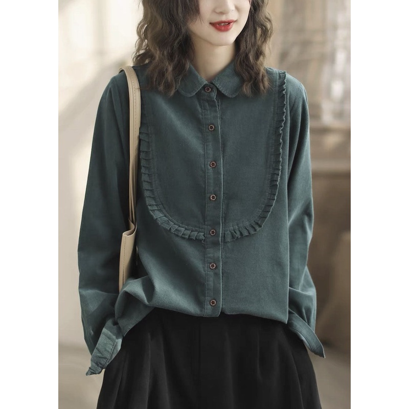 Simple Green Ruffled Patchwork Corduroy Shirt Top Spring