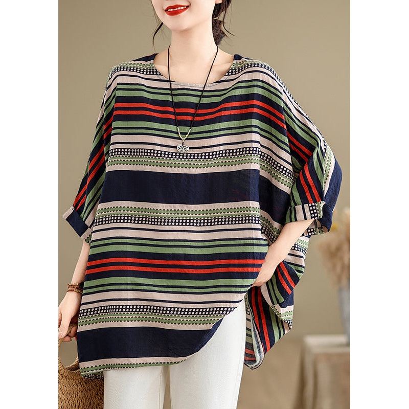 Style Colorblock Oversized Striped Cotton Tops Summer