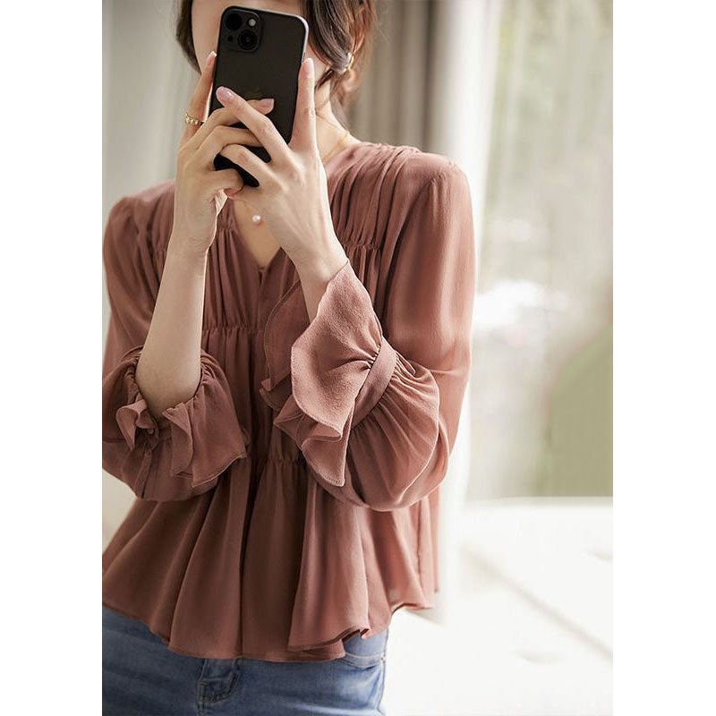 Stylish Light Brown V Neck Wrinkled Patchwork Cotton Blouse Top Spring