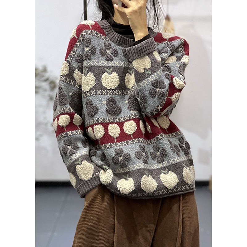 Stylish Plus Size Grey O Neck Jacquard Knit Sweater Tops Spring