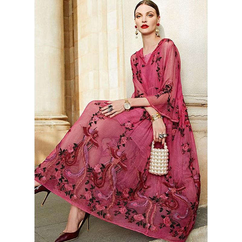 Stylish Rose V Neck Embroidered Hooded Silk Two Pieces Set Dresses