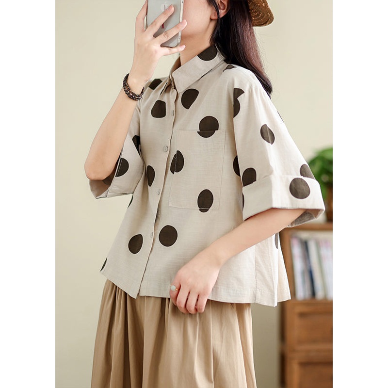 Unique Khaki Oversized Dot Cotton Shirts Half Sleeve