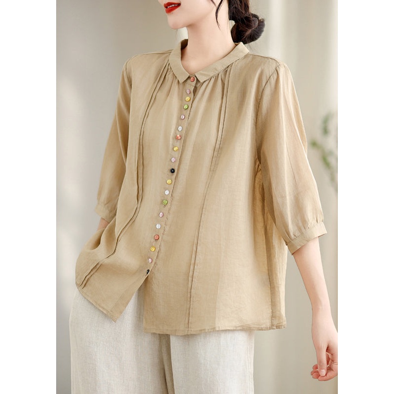 Unique Khaki Oversized Wrinkled Cotton Shirt Top Summer