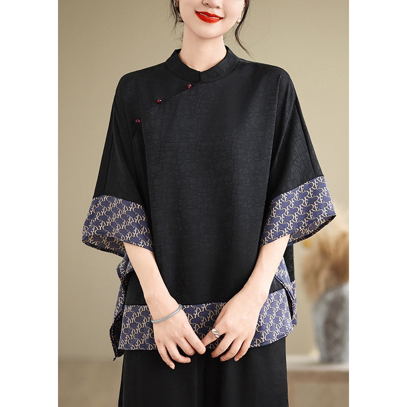 Vintage Blue Oversized Patchwork Silk Shirts Summer