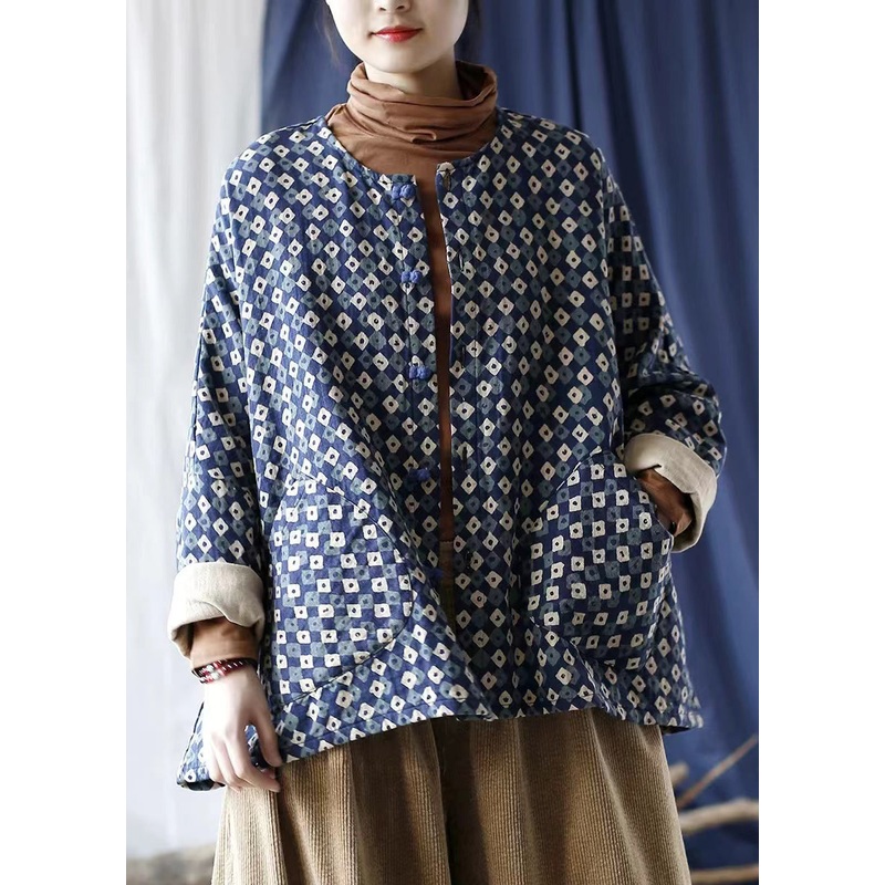 Vintage Blue Oversized Print Linen Coat Spring