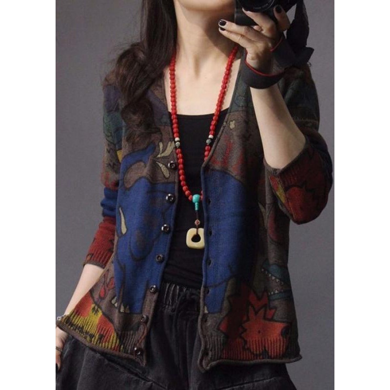 Vintage Coffee V Neck Print Button Knit Cardigan Spring