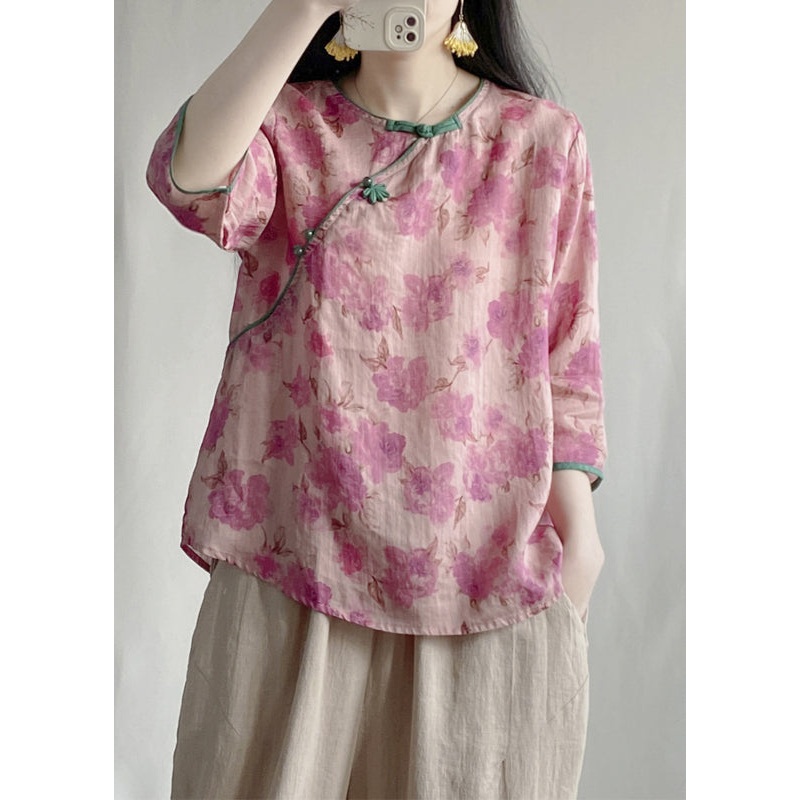 Vintage Pink Print Linen Oriental Blouses Bracelet Sleeve