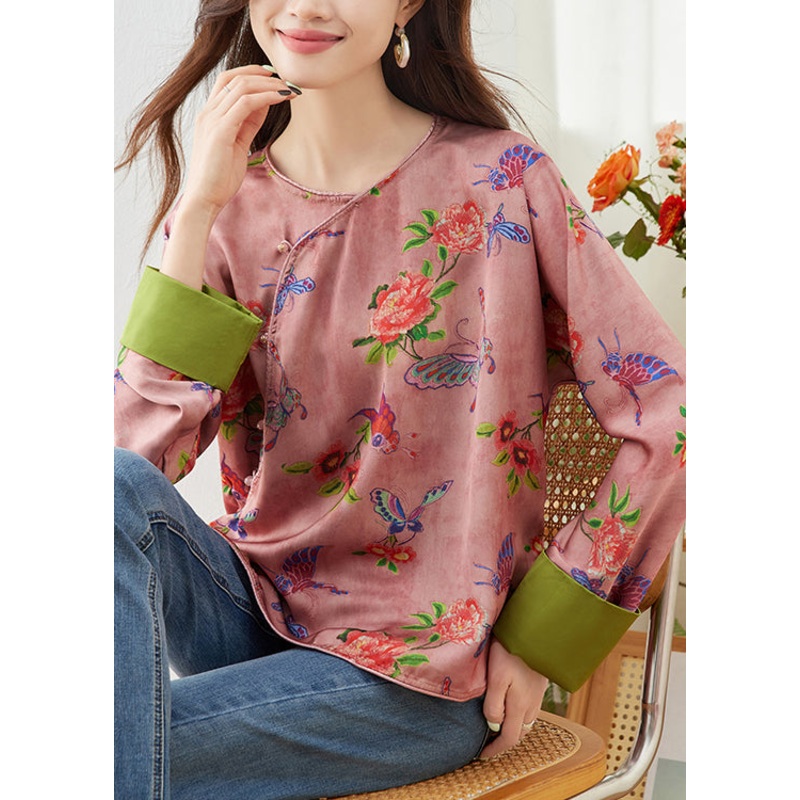 Vintage Plus Size Pink O Neck Print Shirt Top Spring