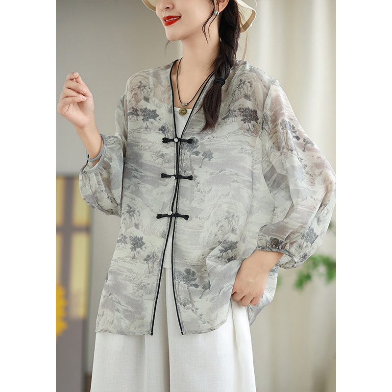 Vintage White Print Chiffon Oriental UPF 50+ Cardigans Spring