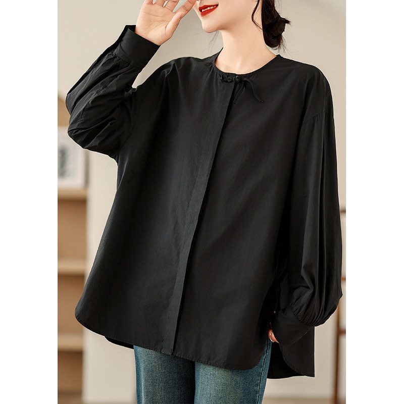 Women Black Oversized Patchwork Cotton Shirts Spring